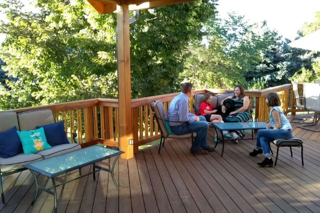 beautiful outdoor deck with happy family