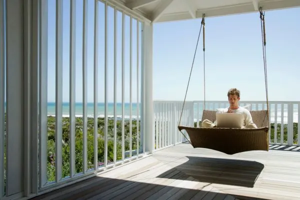 man relaxing on back porch