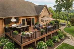 Spacious composite deck in Murfreesboro, TN featuring an outdoor kitchen, dining area, and lounge space designed for entertaining and everyday outdoor living.