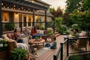 Family enjoying a spacious composite deck with built-in deck seating, integrated planter boxes, pergola lighting, and multiple outdoor living areas for entertaining.