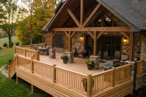 New wood deck with railings attached to a stone and timber home in a scenic Tennessee backyard