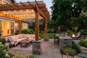 Custom wooden pergola covering a landscaped backyard patio with outdoor seating, dining area, string lights, and fire pit.